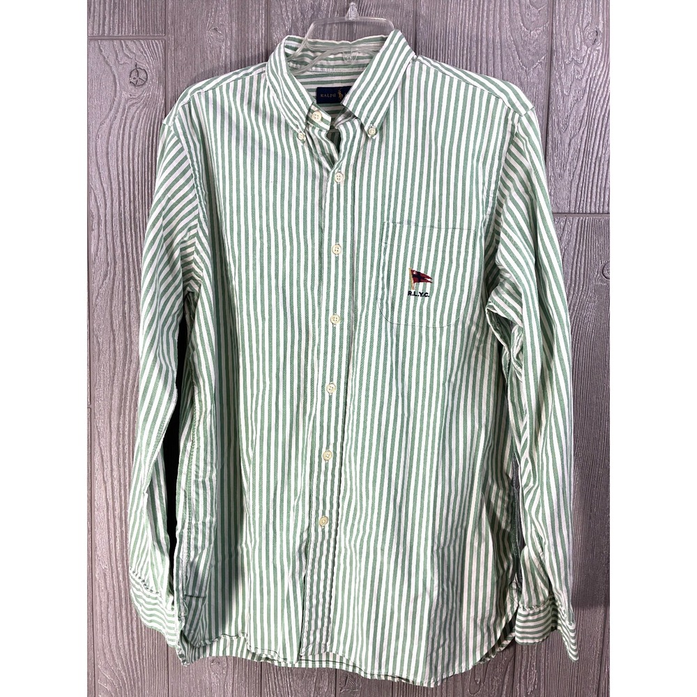 Vintage Polo Ralph Lauren RLPC Mens L Green Stripe Yacht Club Oxford Shirt 90s